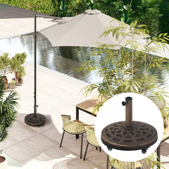 Outsunny 21kg Resin Garden Parasol Base with Wheels, Round Umbrella Stand, Heavy Duty Sun Umbrella Base for 34, 38, 48 mm Umbrella Poles for Deck Poolside, Bronze Tone