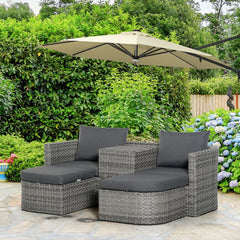 Outsunny 3 Piece Rattan Garden Furniture Set with Cushions, Patio Wicker Conversation Double Chaise Lounge Furniture Set with Convertible Middle Table, Mixed Grey