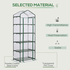 Outsunny 5 Tier Mini Greenhouse, Portable Greenhouse with Reinforced Plastic Cover, Garden Grow House with Roll Up Door and Shelves, 69 x 49 x 193cm, Green