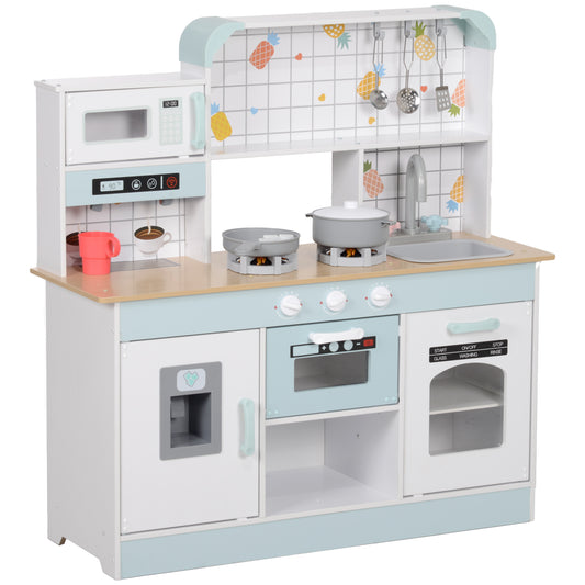 AIYAPLAY Toy Kitchen, Pretend Role Play Kitchen with Hob, Sound and Light, Coffee Machine, Ice Maker, Microwave