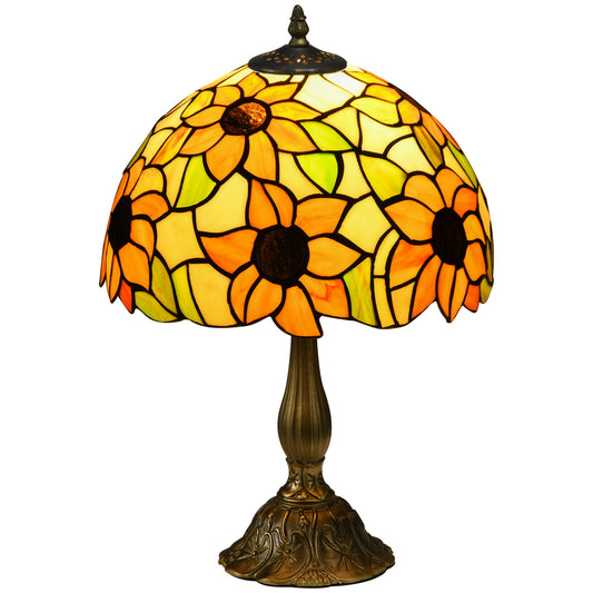 HOMCOM Stained Glass Table Lamp, Handmade Antique Bedside Lamp for Bedroom, Living room, Home, Nightstand, Decorative Night Light, Orange Sunflower