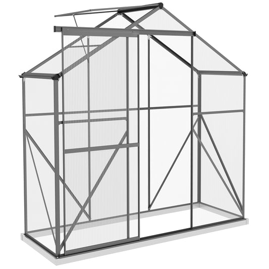 Outsunny 6 x 2.5ft Polycarbonate Greenhouse Walk-In Green House with Rain Gutter, Sliding Door, Window, Foundation, Dark Grey