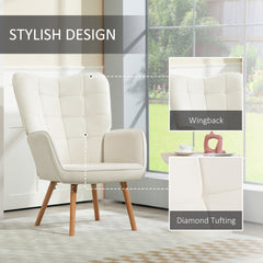 HOMCOM Modern Accent Chair, Upholstered Tufted Wingback Armchair with Seat Padding, Leisure Lounge Bedroom Chair with Wood Legs, Cream White