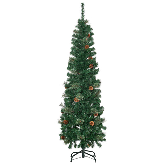 HOMCOM 5.5FT Tall√Ç Pencil Slim Artificial Christmas Tree with√Ç Realistic√Ç Branches, Tip Count and Pine Cones, Pine Needles Tree, Xmas√Ç Decoration, Green