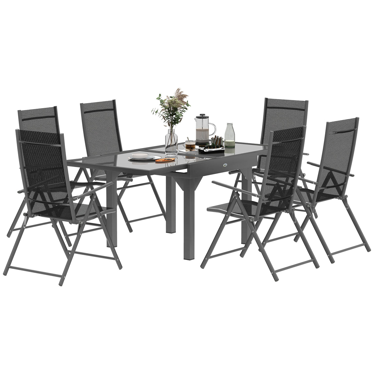 Outsunny 7 Piece Outdoor Dining Set with Extendable Table and 6 Folding Chairs for Patio, Balcony, Deck, Grey