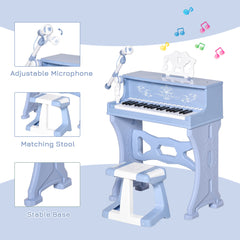 HOMCOM 37 Keys Kids Piano Mini Electronic Keyboard Light Kids Musical Instrument Educational Game Children Grand Piano Toy Set w/Stool & Microphone & Music Stand (Blue)