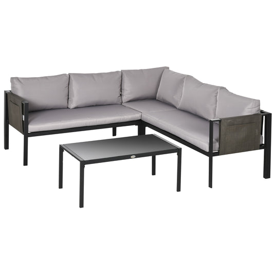 Outsunny 4 Piece Metal Garden Furniture Set with Tempered Glass Coffee Table, Breathable Mesh Pocket, Outdoor Conversational Corner Sofa Loveseat with Padded Cushions, Light Grey