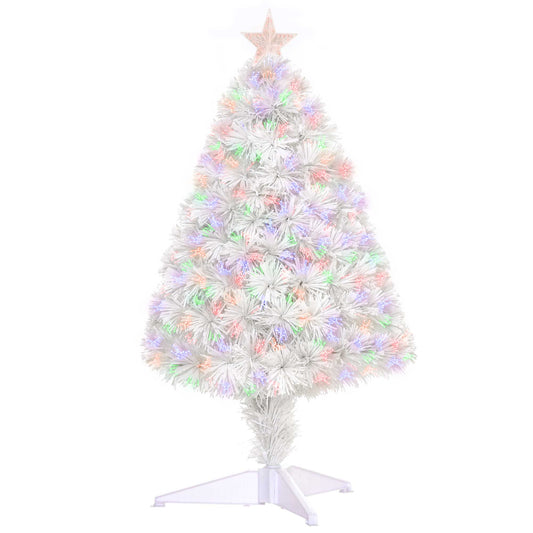 HOMCOM 2.5FT Prelit Artificial Tabletop Christmas Tree with Fibre Optics Holiday Home Xmas Decoration for Table and Desk, White