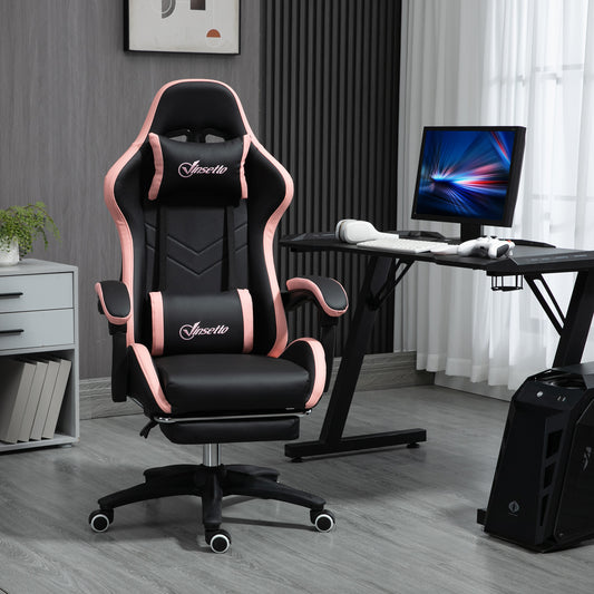 Vinsetto Computer Gaming Chair, PU Leather Desk Chair with Footrest, Swivel Task Chair with 135√Ç¬∞ Reclining Back and Lumbar Support, PC Chair for Adults, Black and Pink