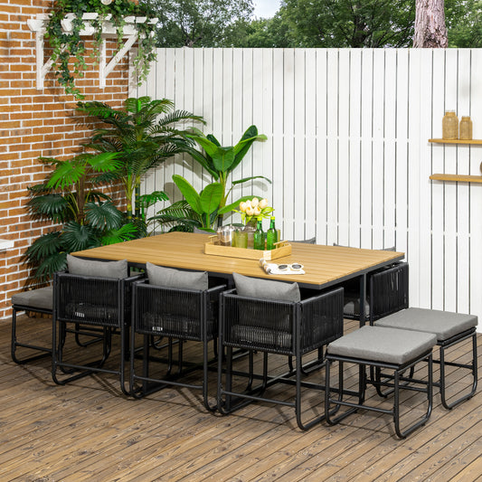 Outsunny 10 Seater Rattan Cube Garden Furniture Set, Rattan Dining Set with Cushions, Outdoor Dining Table and Chairs with 6 Armchairs, 4 Stools, Rectangular Wood Grain Plastic Top Table, Black