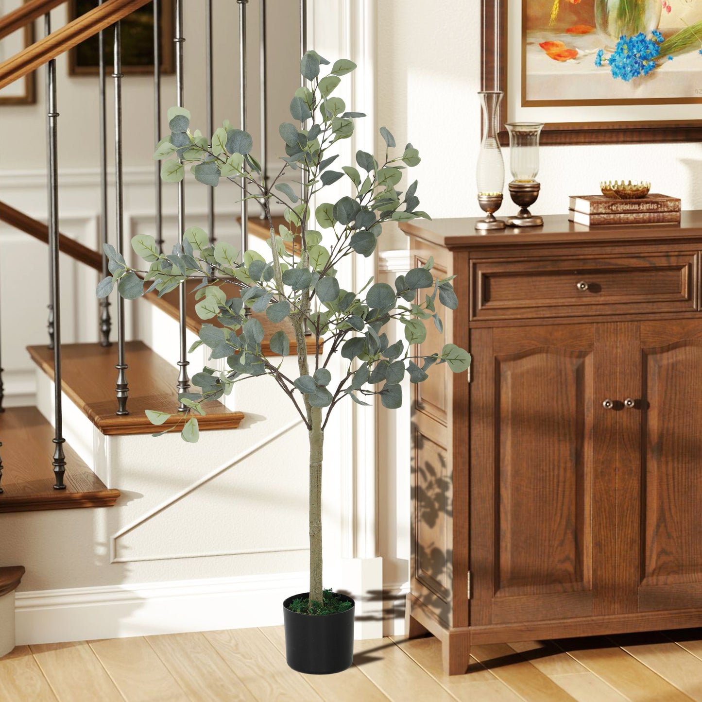 HOMCOM Decorative Artificial Tree, 5ft/ 150cm Silk Eucalyptus Tree with 230 Silver Dollar Leaves in Pot, Fake Plant for Home, Office, Living Room, Indoor Decor