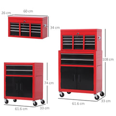 HOMCOM Tool Chest, Metal Tool Cabinet on Wheels with 6 Drawers, Pegboard, Top Chest and Roller Cabinet Combo, 61.6 x 33 x 108cm, Red and Black