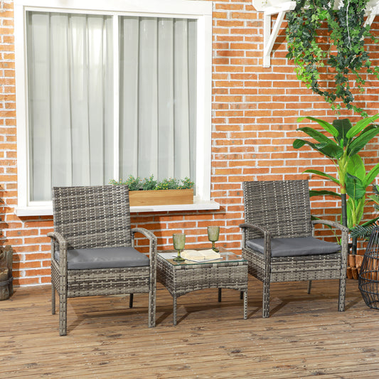 Outsunny 3 Pieces Rattan Bistro Set, Wicker Garden Furniture Set with Glass Top Coffee Table and Chairs, Washable Cushions for Outdoor, Patio, Balcony, Mixed Grey