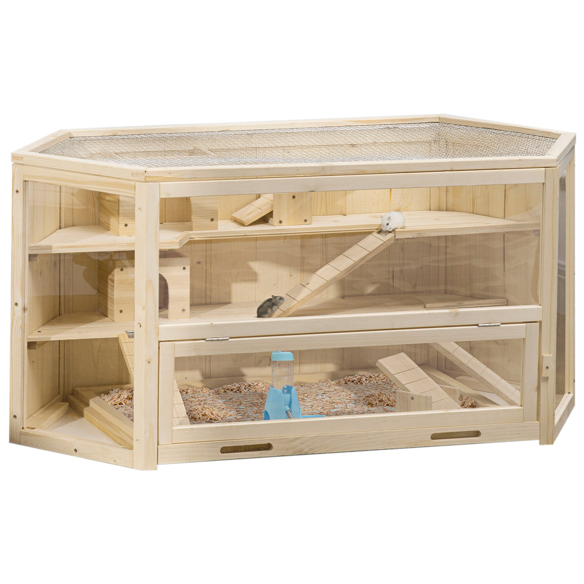 PawHut 3 Tier Wooden Large Hamster Cage with Sliding Tray, Seesaws, Water Bottle, Natural