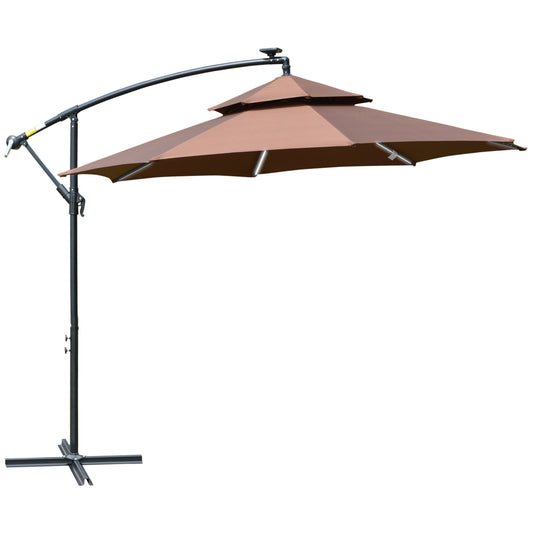 Outsunny 3(m) Cantilever Banana Parasol Hanging Umbrella with Double Roof, LED Solar lights, Crank, 8 Sturdy Ribs and Cross Base for Outdoor, Garden, Patio, Coffee