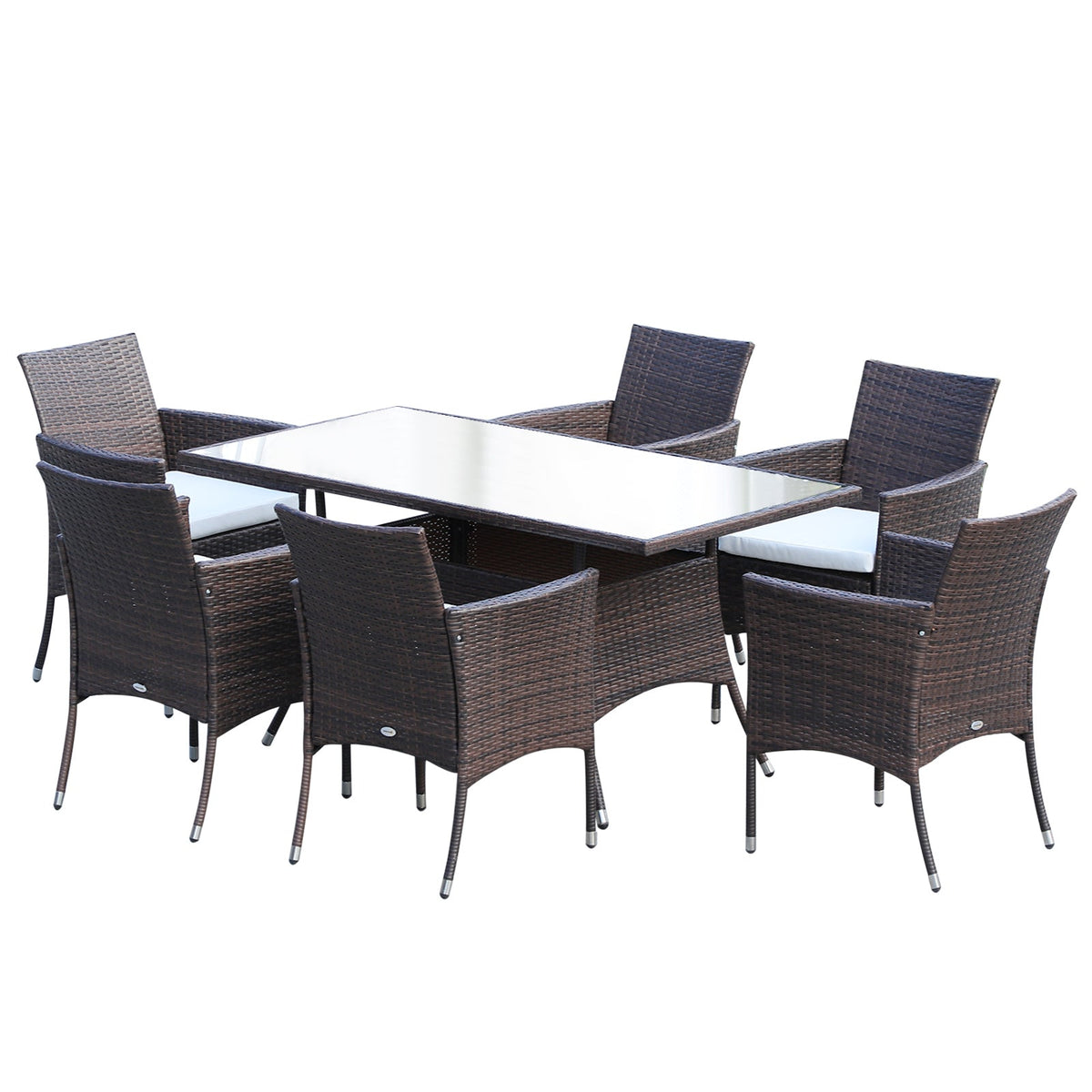 Outsunny 6 Seater Rattan Dining Set with Cushions, Rattan Garden Furniture Set with 6 Armchairs, Rectangular Glass Top Table, Outdoor Dining Table and Chairs, Brown