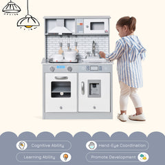 HOMCOM Kids Wooden Toy Kitchen Pretend Play Cooking Playset w/ Sound & Light Effect, Battery Operated Cooktop, Ice Machine, Marble Pattern Countertop, for 3-6 Years Old