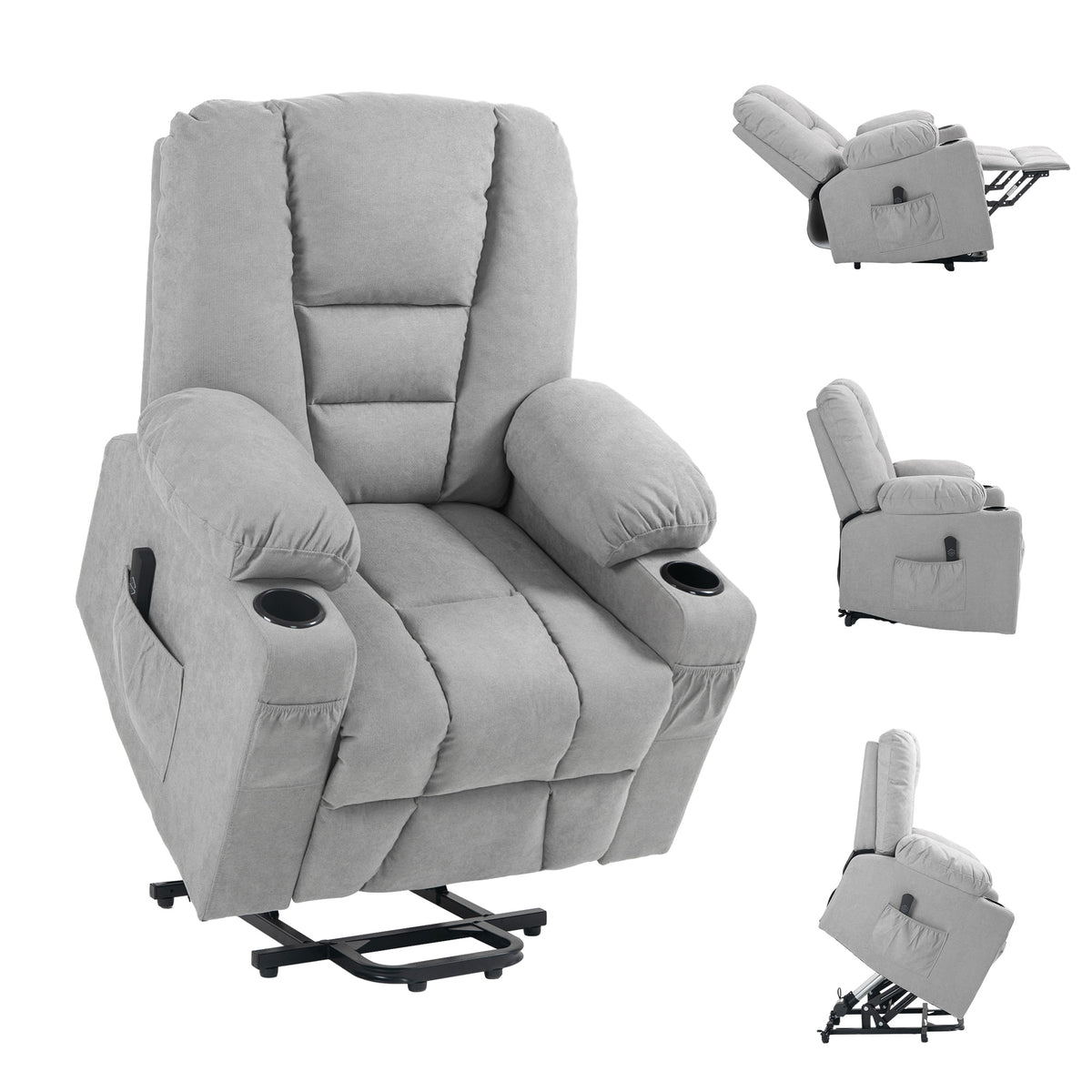 HOMCOM Oversized Riser and Recliner Chairs for the Elderly, Fabric Upholstered Lift Chair for Living Room with Remote Control, Side Pockets, Cup Holder, Light Grey