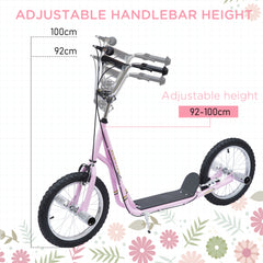 HOMCOM Stunt Scooter, Kids Scooter with Big Wheels, Adjustable Height, Dual Brakes, for Ages 5 Years+, Pink