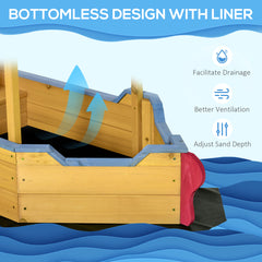 Outsunny Kids Wooden Sand Pit Children Sandbox Pirate Ship Sandboat Play Station for Outdoor w/ Canopy Shade Storage Bench Bottom Liner