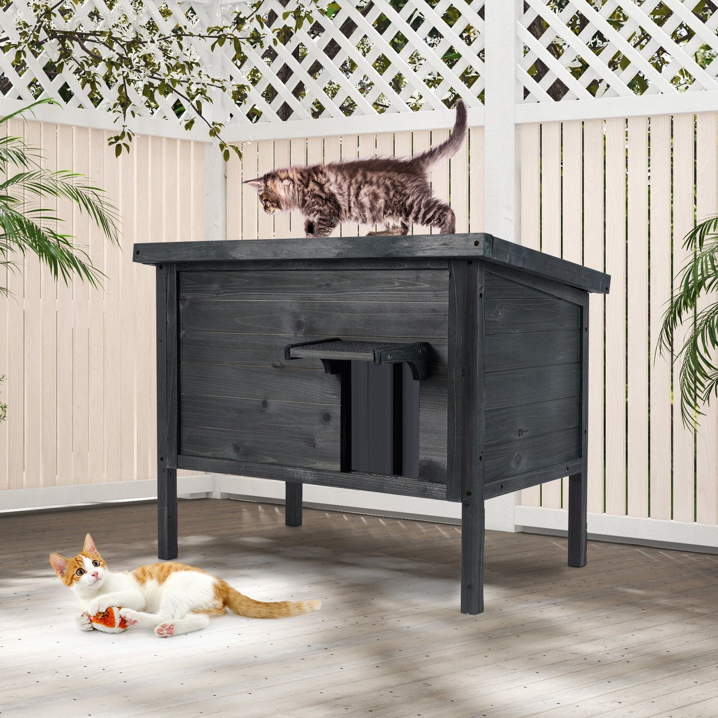 Weatherproof Outdoor Insulated Condo Feral Cat House for Winter-Grey