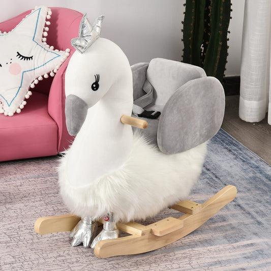 HOMCOM Kids Children Rocking Horse Plush Ride On Swan w/ Sound Wood Base Seat Safety Belt Toddler Baby Toy Rocker 18 - 36 Months