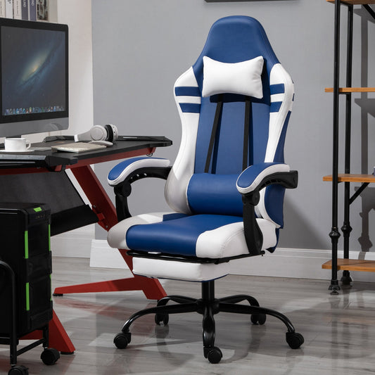 Vinsetto PU Leather Gaming Chair with Headrest, Footrest, Wheels, Adjustable Height, Racing Gamer Chair, Blue White