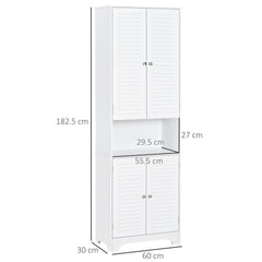 HOMCOM Tall Freestanding Bathroom Cabinet Retro Shutters w/ 3 Compartments Shelves Elevated Base Narrow Organiser White 60L x 30W x 182.5H cm