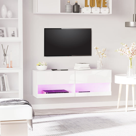 HOMCOM High Gloss TV Stand Cabinet with LED Lights, Wall Mount Media Unit for TVs up to 42 Inch for Living Room Bedroom