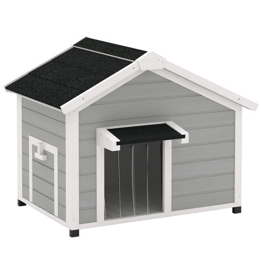 PawHut Wooden Dog House Outdoor with Openable Roof, Removable Floor, Curtain, Elevated Feet, for Medium Dogs, Light Grey