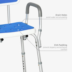 HOMCOM EVA Padded Shower Chair for the Elderly and Disabled, Height Adjustable Shower Stool with Back and Arms, 4 Suction Foot Pads, Blue