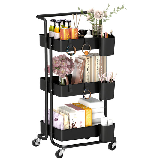 HOMCOM Three-Tier Home Trolley, with Handle and Wheels - Black