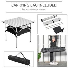 Outsunny Portable Camping Table w/ Mesh Bag & Steel Frame Hiking Furniture Desk, Silver Black