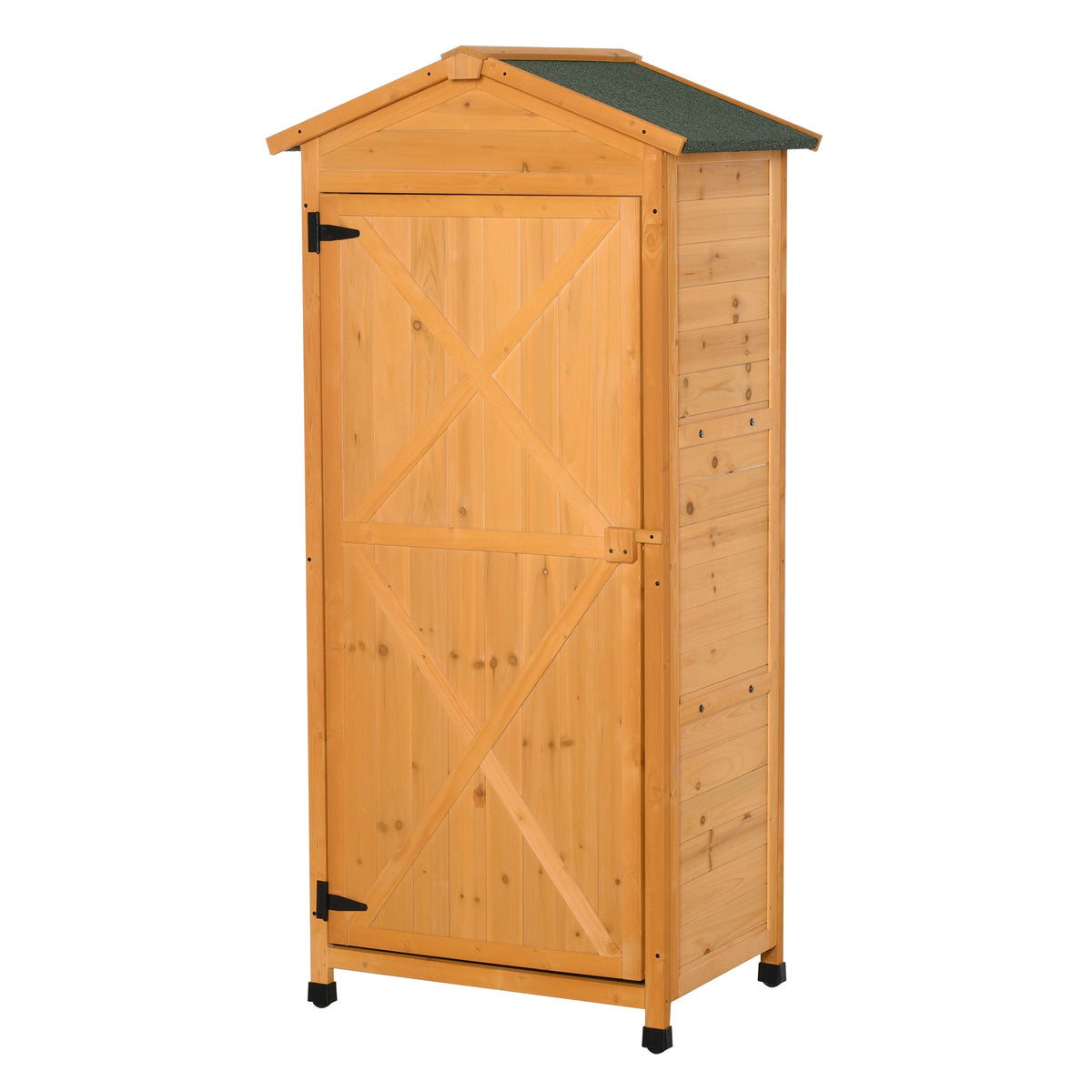 Outsunny Wooden Garden Shed, Outdoor Storage Cabinet with 2 Shelves and Hooks, Locking Organiser Outdoor Narrow Tool House, 74x55x155cm, Yellow