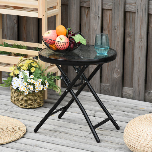 Outsunny Foldable Garden Table, Round Folding Table with Glass Tabletop and Safety Buckle for Patio, Garden, Outdoor, Indoor, Black