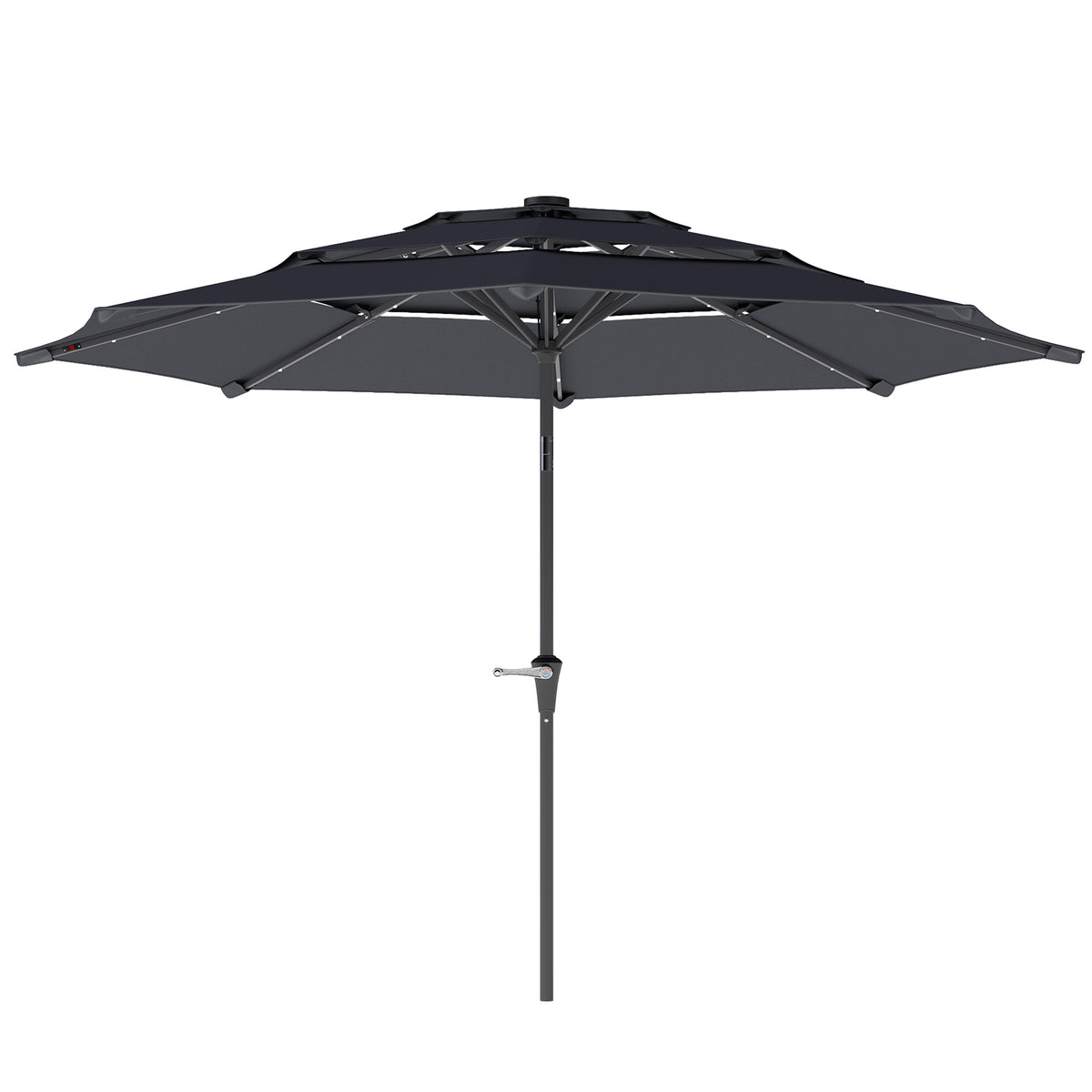 Outsunny 3-Tier Garden Parasol with Solar LED Lights, UPF 30+, Tilt Mechanism & Crank Handle, for Market Terrace, Dark Grey