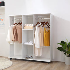 HOMCOM Open Wardrobe Double Mobile Storage Shelves Organizer W/6 Wheels-White