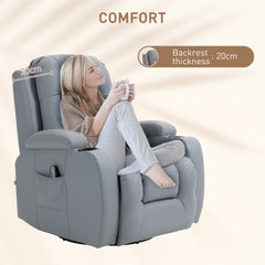 HOMCOM Massage Recliner Chair with 8 Vibration & Heat, PU Leather Recliner Armchair with Cup Holders and Side Pockets, Manual Reclining Chair with Remote, 360√Ç¬∞ Swivel, Rocking, Light Grey