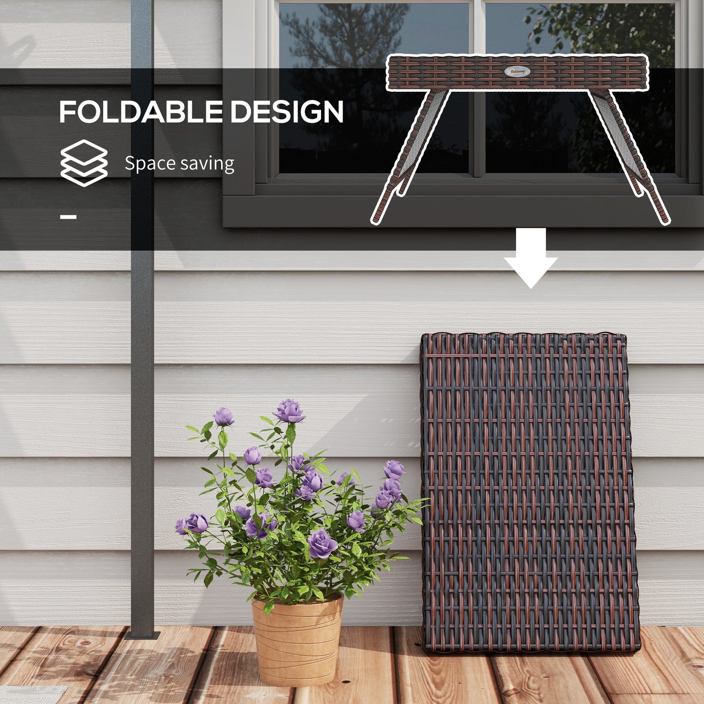 Outsunny Foldable Outdoor Coffee Table, Steel Frame Rattan Side Table, Coffee Table Side Table for Garden, Brown