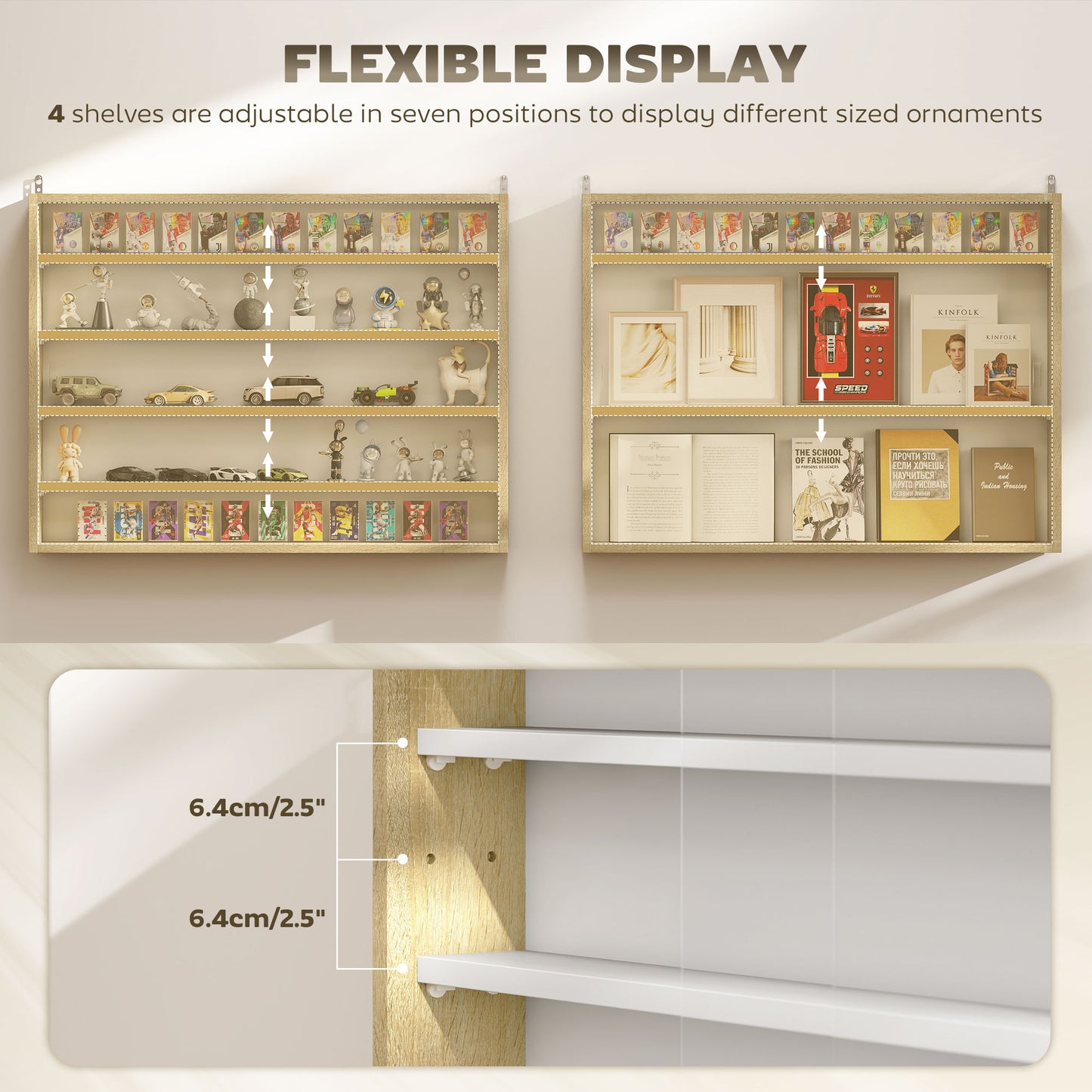 HOMCOM 5-Tier Wall Display Shelf Unit Cabinet w/ 4 Adjustable Shelves Glass Doors Home Office Ornaments 60x80cm Natural