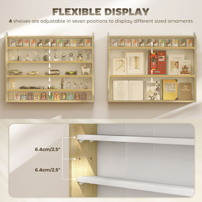 HOMCOM 5-Tier Wall Display Shelf Unit Cabinet w/ 4 Adjustable Shelves Glass Doors Home Office Ornaments 60x80cm Natural