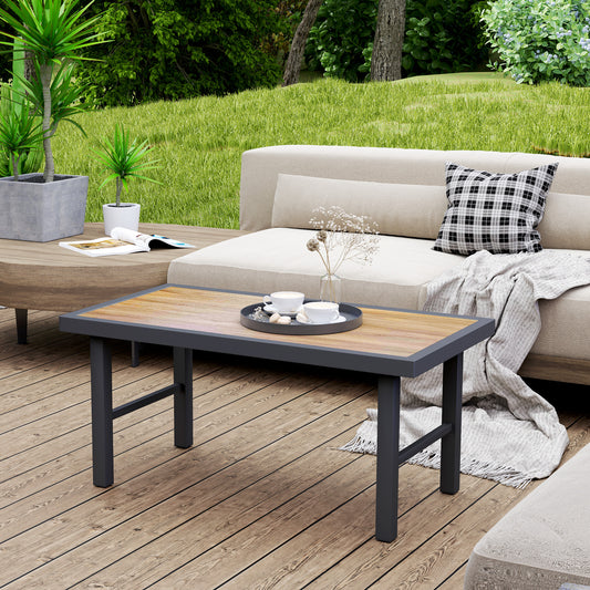 Outsunny Metal Garden Coffee Table, Outdoor Side Table with SPC Woodgrain Tabletop for Outside, Garden, Balcony, Porch, 100 x 53 x 46cm, Brown Wood Effect