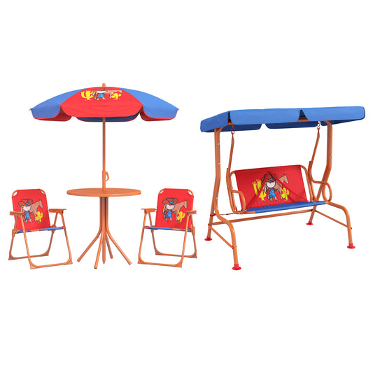 Outsunny 4 Piece Kids Garden Furniture Set with Adjustable Canopy, Cowboy Themed, Kids Garden Table and Chair Set and Double Seat Swing Chair for Patio Park Porch, for Ages 3-6 Years - Red and Blue