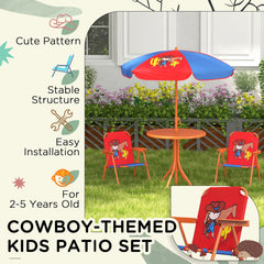 Outsunny Kids Picnic Table and Chair Set, Cowboy Themed Outdoor Garden Furniture w/ Foldable Chairs, Adjustable Parasol