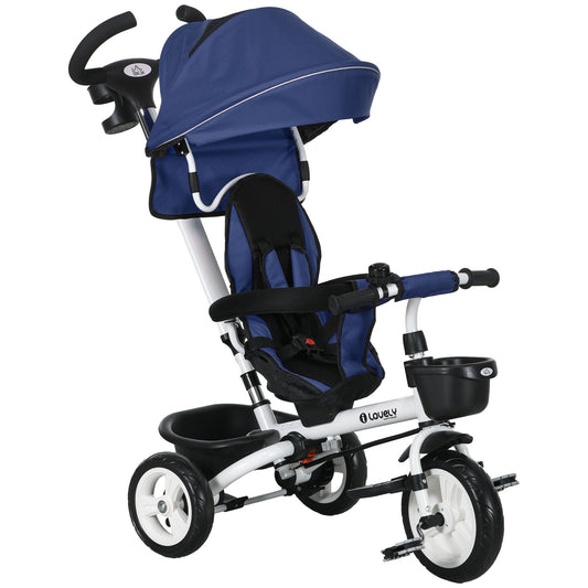 HOMCOM Metal Frame 6 in 1 Baby Push Tricycle with Parent Handle for 1-5 Years Old, Dark Blue