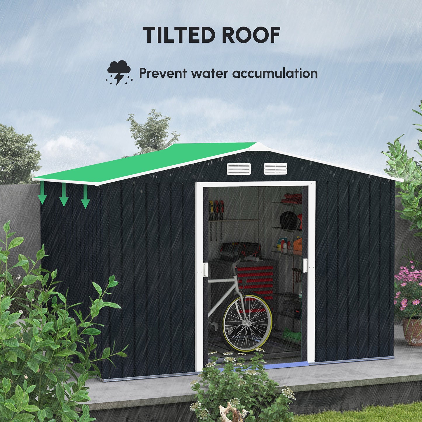 Outsunny 9 x 6ft Metal Bicycle Shed, Outdoor Storage Tool House with Ventilation Slots, Foundation Kit and Lockable Double Doors, Dark Grey