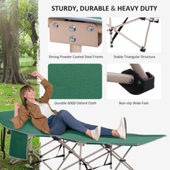 Outsunny Single Person Camping Bed Folding Cot Outdoor Patio Portable Military Sleeping Bed Travel Guest Leisure Fishing with Side Pocket and Carry Bag - Green