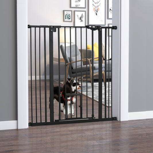 بوابة PawHut Extra Tall Pet Gate، بوابة أمان للكلاب في الأماكن المغلقة، مع فتحة للقطط، إغلاق تلقائي، عرض 74-101 سم - أسود