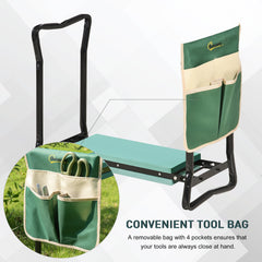 Outsunny 2 in 1 Garden Kneeler Seat, Kneeling Pad Support Bench, Foldable Knee Protector with Tool Bag, Green