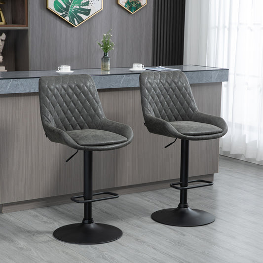 HOMCOM Grey Bar Stools Set of 2, Upholstered Retro Bar and Kitchen Chairs with Back, Swivel Seat, PU Leather